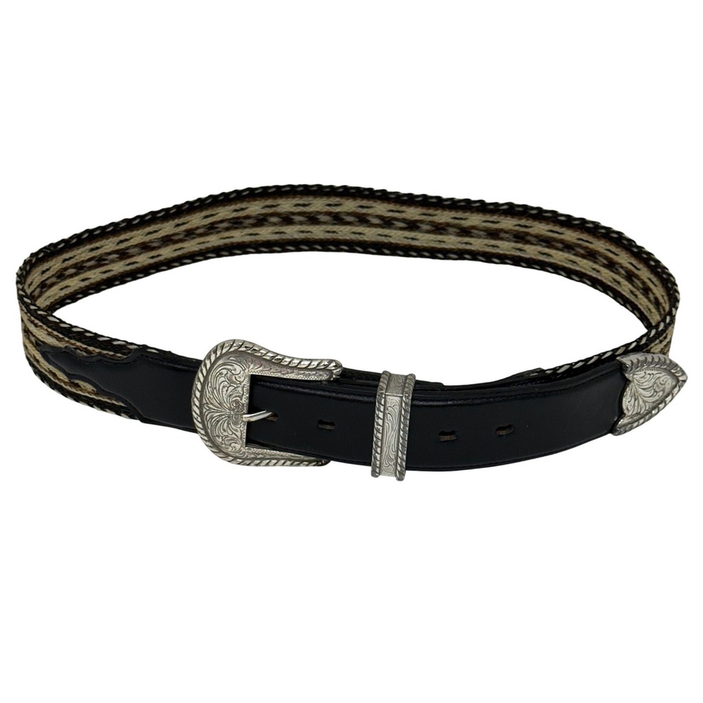 VTG Tony Lama Belt Black Horsehair Western Silver Buckle 1783L Size 34 Mens